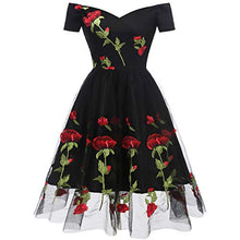 Load image into Gallery viewer, Women Vintage 1950s Embroidered Rose Cocktail Party Swing Dress Gatsby Princess Retro Valentine’s Day Evening Midi Skirt Gown Black - Short Sleeve M
