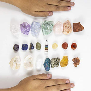 Beverly Oaks Premium Healing Crystals 21 Piece Kit - 7 Tumbled Chakra Stones, 7 Raw Crystals, Peacock Ore, Crystal Geode, Pyrite, Honey Calcite, Aragonite, Selenite Stone + Bonus Chakra Tower