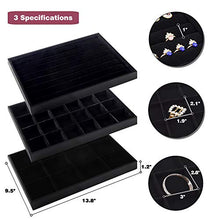 Load image into Gallery viewer, Mebbay Stackable Velvet Jewelry Trays Organizer, Jewelry Storage Display Trays with Full Artificial Leather Cover for Drawer, Earring Necklace Bracelet Ring Organizer, Set of 3 (Black)

