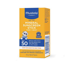Load image into Gallery viewer, Mustela Baby Mineral Sunscreen Stick SPF 50 Broad Spectrum - Face &amp; Body Sun Stick with 70% Organic Ingredients - Ultra Sheer, Water Resistant &amp; Fragrance-Free - 0.6 oz.
