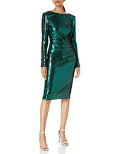 Load image into Gallery viewer, Dress the Population Women's Emilia Long Sleeve Stretch Sequin Drape Front Midi Sheath, Deep Emerald, XL
