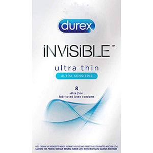 Condoms, Ultra Thin Lubricated Natural Latex, Durex Invisible Condoms, 8 Count - Ultra Sensitive, Lubricated, Transparent