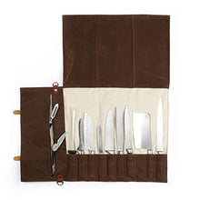 Load image into Gallery viewer, Chef Knife Roll Bag - Handmade Waxed Canvas and Leather Knife Bag Stores 10 Knives + Zipper Pocket and Shoulder Strap (Dark Brown)
