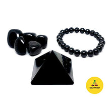 Load image into Gallery viewer, Pachamama Essentials Shungite Set, Comprehensive EMF Protection Gift Set | Shungite Stone Kit Contains Pyramid 2", 8mm Bead Bracelet and 5 Tumbled Stones
