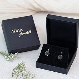 14K Solid Yellow Gold Fire Black Opal Dainty Earrings For Women; Libra October Birthstone Round Black Stone Earrings; Handmade Jewelry For Classy Women & Wedding Jewelry