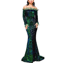 Load image into Gallery viewer, Lin Lin Q Sexy Off Shoulder Feather Long Sleeve Sequin Floor Length Evening Party Maxi Dress Green S

