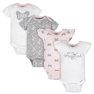 GERBER Baby Girls 4-Pack Short Sleeve Onesies Bodysuits, Pink Butterfly, 6-9 Months