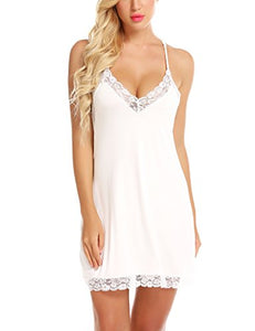 RSLOVE Women Full Slip Sleepwear Lace Lingerie Chemises V-Neck Babydoll Nightgown Dress White L