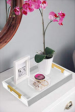 Load image into Gallery viewer, Home Redefined Modern Elegant 18"x12" Rectangle White Glossy Shagreen Decorative Ottoman Coffee Table Perfume Living Room Kitchen Serving Tray with Gold Polished Metal Handles for All Occasion's

