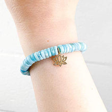 Load image into Gallery viewer, Diamond 14k Gold Lotus Flower Charm on Larimar Bracelet - 7 inches Long Elastic Thread Stretchy Handmade Bracelet by Miller Mae Designs
