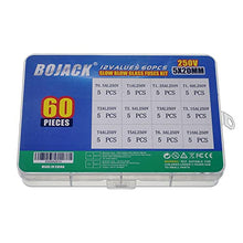 Load image into Gallery viewer, BOJACK 12 Values 60 pcs Slow Blow Glass Fuses Assortment Kit 5x20mm 250V T0.5A 1A 1.25A 1.6A 2A 2.5A 3A 3.15A 4A 5A 6.3A 10A packag in a Clear Plastic Box
