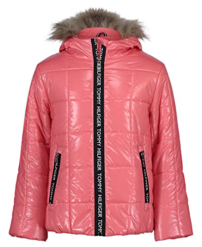 Tommy Hilfiger Girls' Puffer Jacket, Waterproof with Polar Fleece Lining & Faux Fur Hood, FA21High Shine Strawberry Pink, 4