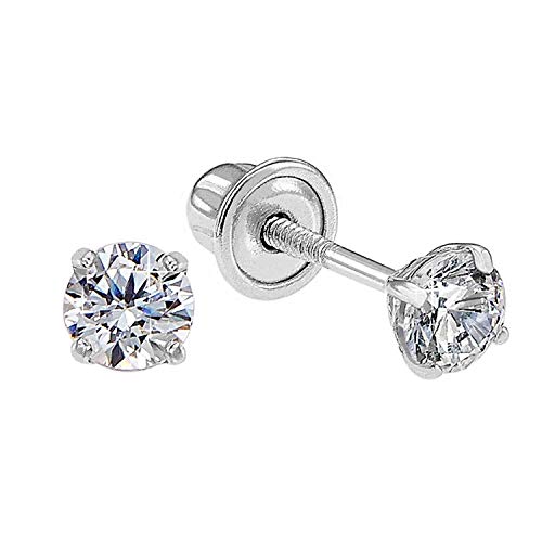 14k White Gold Solitaire Round Cubic Zirconia CZ Stud Earrings in Secure Screw-backs (3mm)