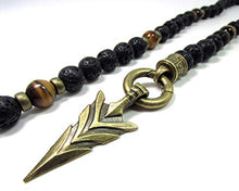 Load image into Gallery viewer, Tiger Eye and Black Lava Stone Necklace,Bronze Arrow-Head,Gift for Men,Men Gemstone Necklace + Gift Box,Mens Beaded Necklace
