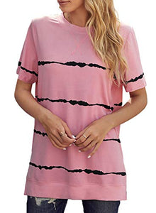 Ecrocoo Women's Plus Size Tops Soft Lightweight Short Sleeve Stripes Color Block Shirts Blouses Tunics,Pink S