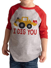 Load image into Gallery viewer, 7 ate 9 Apparel Kid's I Dig You Construction Truck Valentine's Day Red Raglan Shirt 4T
