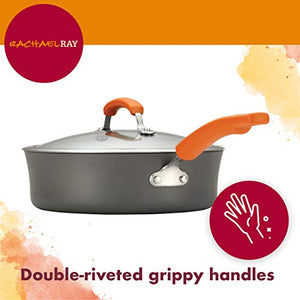 Rachael Ray Brights Hard-Anodized Aluminum Nonstick Cookware Set with Glass Lids, 10-Piece Pot and Pan Set, Gray with Orange Handles