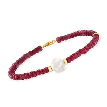 Load image into Gallery viewer, Ross-Simons 26.00 ct. t.w. Beaded Ruby Bracelet With 10mm Cultured Pearl in 14kt Yellow Gold
