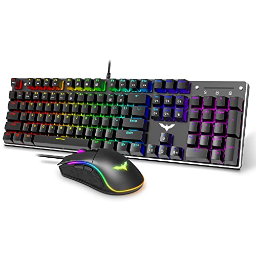 Mechanical Keyboard and Mouse, Havit Wired Gaming Keyboard Blue Switch 104 Keys Rainbow Backlit Keyboard and 7 Button Wired Mouse 4800 DPI for PC Computer Gamer (Black)