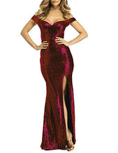 Load image into Gallery viewer, YSMei Women's Long Off The Shoulder Sequined Prom Party Dress Split Mermaid Wedding Gown Burgundy 12
