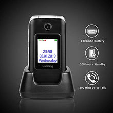 Load image into Gallery viewer, Ushining 3G Unlocked Senior Flip Phone Dual Screen Dual SIM Card T Mobile Flip Phone 2.8 Inch LCD and Large Keypad with Charging Cradle (Black)
