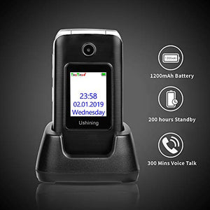 Ushining 3G Unlocked Senior Flip Phone Dual Screen Dual SIM Card T Mobile Flip Phone 2.8 Inch LCD and Large Keypad with Charging Cradle (Black)