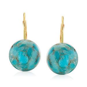 Ross-Simons Button Turquoise Drop Earrings in 14kt Yellow Gold