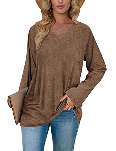 Long Sleeve Shirts for Women Fall Clothes Comfy Tunic Sweatshirts Coffee 2XL