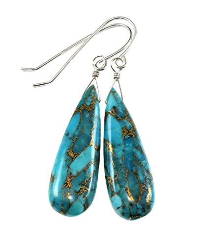 Sterling Silver Blue Turquoise Earrings Long Coppery Mosaic Veining Dangle Narrow Teardrops Smooth Drops