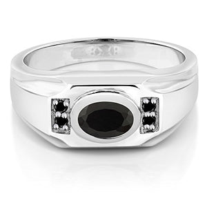 Gem Stone King 1.22 Ct Oval Black Onyx Black Diamond 925 Sterling Silver Men's Ring (Size 8)