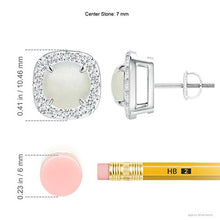 Load image into Gallery viewer, June Birthstone - Claw-Set Moonstone and Diamond Cushion Halo Stud Earrings in 14K White Gold (7mm Moonstone)
