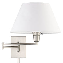 Load image into Gallery viewer, Kira Home Cambridge 13" Swing Arm Wall Lamp - Plug in/Wall Mount + White Fabric Shade, 150W 3-Way + Cord Covers, Satin Nickel Finish
