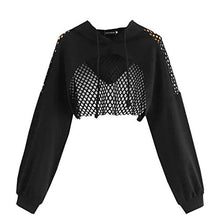 Load image into Gallery viewer, Suillty Women's Sexy Fishnet See Through Long Sleeve Pullover Crop Top Hoodie Black
