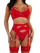 Load image into Gallery viewer, Kaei&amp;Shi Garter Belt Thong Lingerie for Women,Strappy Hollow Out Sexy Lingerie,Underwire Mesh Sheer Matching 4 Piece Lingerie Set Valentine Day Red Medium

