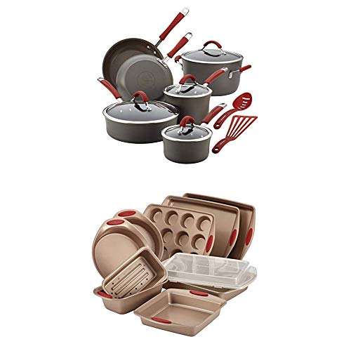 Rachael Ray Cucina Hard-Anodized Aluminum Nonstick Pots and Pans Cookware Set, 12-Piece, Gray, Cranberry Red Handles with Rachael Ray 52410 10-Piece Steel Bakeware Set, Cranberry Red