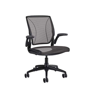Humanscale Diffrient World Chair | Pinstripe Black Mesh Seat and Back | Black Frame with Black Trim | Height-Adjustable Duron Arms | Standard Foam Seat, 3" Carpet Casters, and 5" Cylinder