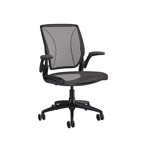 Humanscale Diffrient World Chair | Pinstripe Black Mesh Seat and Back | Black Frame with Black Trim | Height-Adjustable Duron Arms | Standard Foam Seat, 3