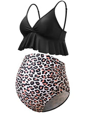 Load image into Gallery viewer, Bhome Maternity Two Pieces Bikini Set High Waisted Swimsuit Ruffle Swimwear Summer Black with Leopard L
