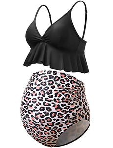 Bhome Maternity Two Pieces Bikini Set High Waisted Swimsuit Ruffle Swimwear Summer Black with Leopard L