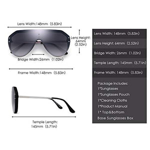 JIM HALO Oversized Shield Sunglasses Rimless Flat Top Mirror Glasses Women Men (Black Frame/Gradient Grey Lens)