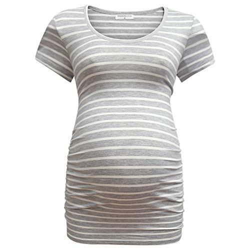 Load image into Gallery viewer, Bearsland Womens Maternity Tshirt 3 Packs Classic Side Ruched Tee Top Mama Pregnancy Clothes,Lakeblue+gyrstripe+Russetred,L