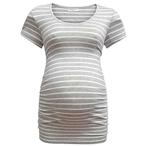 Bearsland Womens Maternity Tshirt 3 Packs Classic Side Ruched Tee Top Mama Pregnancy Clothes,Lakeblue+gyrstripe+Russetred,L