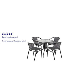 Load image into Gallery viewer, Flash Furniture 28'' Square Glass Metal Table with Gray Rattan Edging and 4 Gray Rattan Stack Chairs
