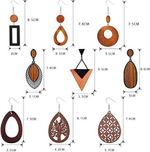 Load image into Gallery viewer, Finrezio 9 Pairs Wooden Earrings Natural Wood Earrings Lightweight Teardrop Earrings Ethnic African Drop Earrings for Women
