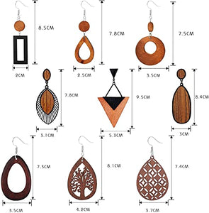 Finrezio 9 Pairs Wooden Earrings Natural Wood Earrings Lightweight Teardrop Earrings Ethnic African Drop Earrings for Women