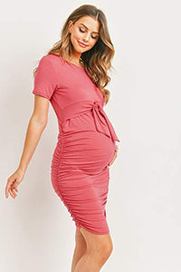 LaClef Maternity Short Sleeve Bodycon Dress with Tie Front, Side Ruched (Dark Rose, X-Large)
