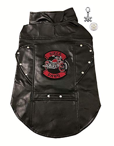 DOGGIE DESIGN Dawg Motor Jacket with Biker Skull Charm and Button Pin for Dogs Size 2Xlarge (Chest 25