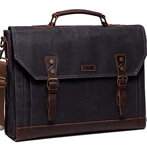 17 inch Laptop Messenger Bag,Vaschy Vintage Waxed Canvas Leather Water Resistant Mens Satchel Briefcase Bag Business Shoulder Bag Gray