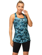 Load image into Gallery viewer, icyzone Yoga Tops Workouts Clothes Activewear Built in Bra Tank Tops for Women (Navy Camo, Large)
