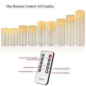 Vinkor Flameless Candles Battery Operated Candles 4" 5" 6" 7" 8" 9" Set of 9 Ivory Real Wax Pillar LED Candles with 10-Key Remote and Cycling 24 Hours Timer